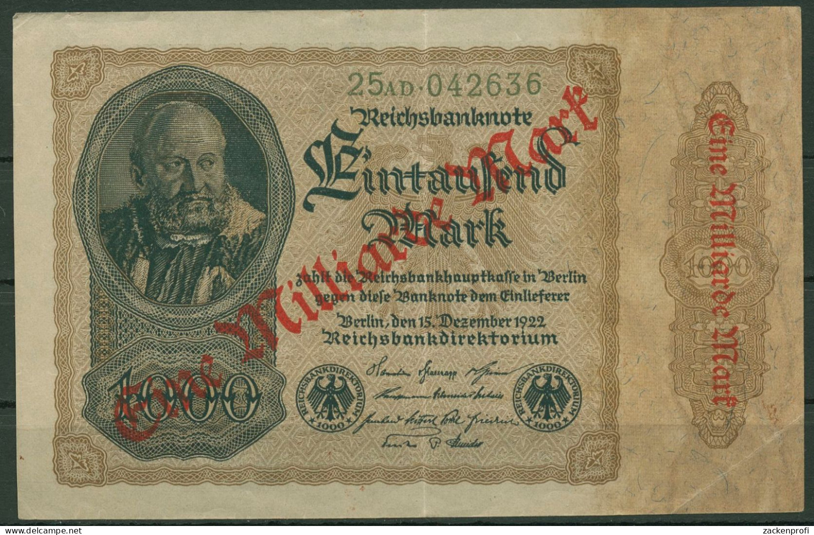 Dt. Reich 1 Milliarde Mark 1923, DEU-126b FZ AD, Leicht Gebraucht (K1154) - 1 Milliarde Mark