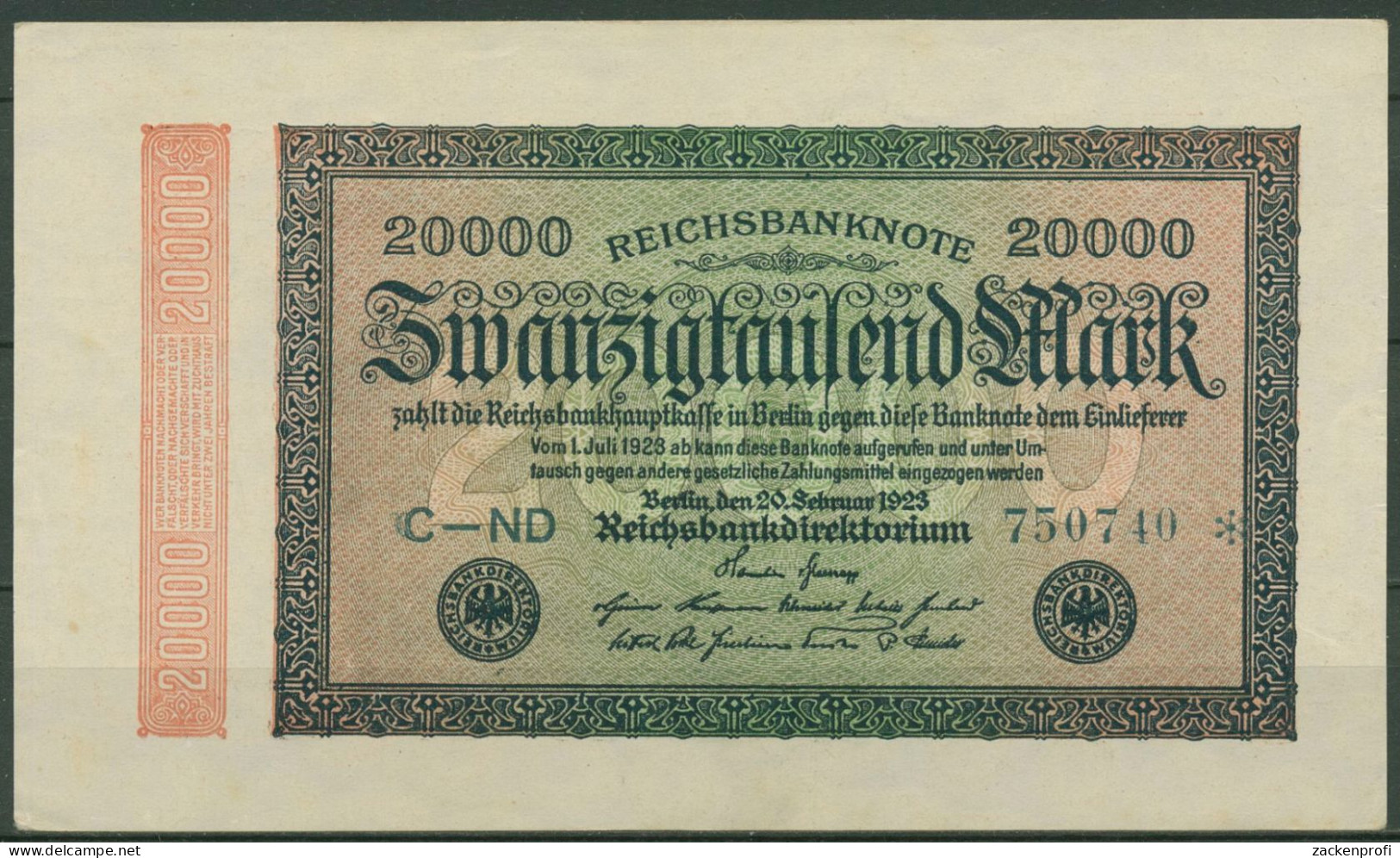 Dt. Reich 20000 Mark 1923, DEU-95f FZ ND, Fast Kassenfrisch (K1360) - 20.000 Mark