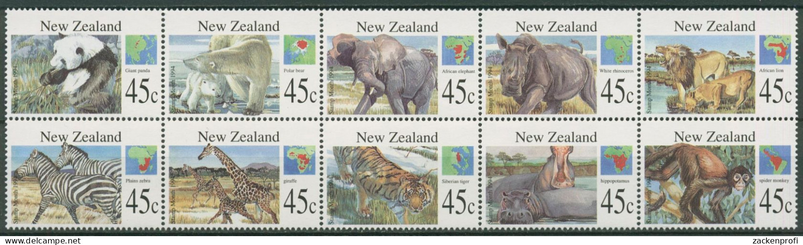 Neuseeland 1994 Säugetiere Nashorn Panda Löwe 1366/75 ZD Postfrisch (C25886) - Unused Stamps