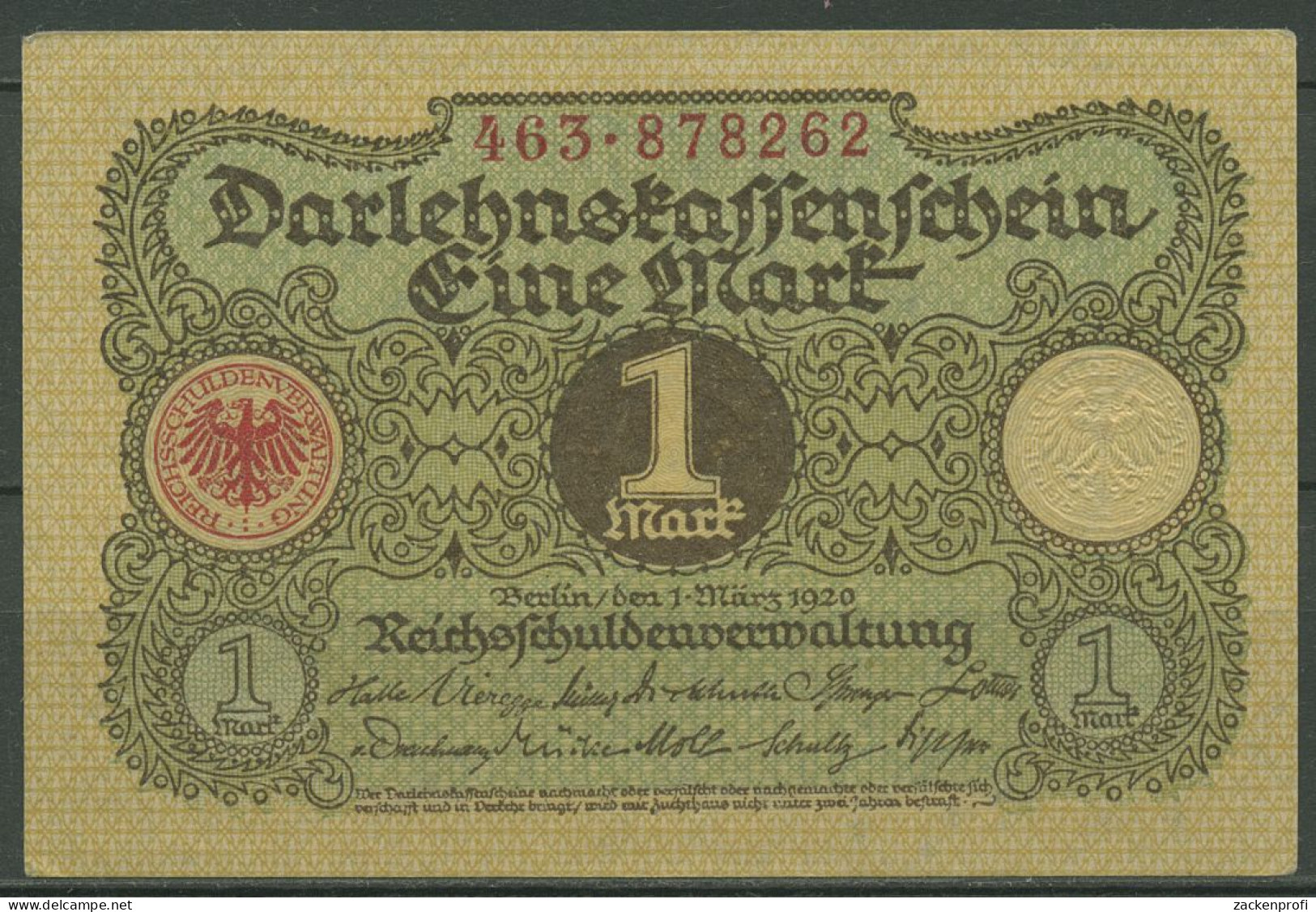 Dt. Reich 1 Mark 1920, DEU-189 Fast Kassenfrisch (K1085) - Reichsschuldenverwaltung