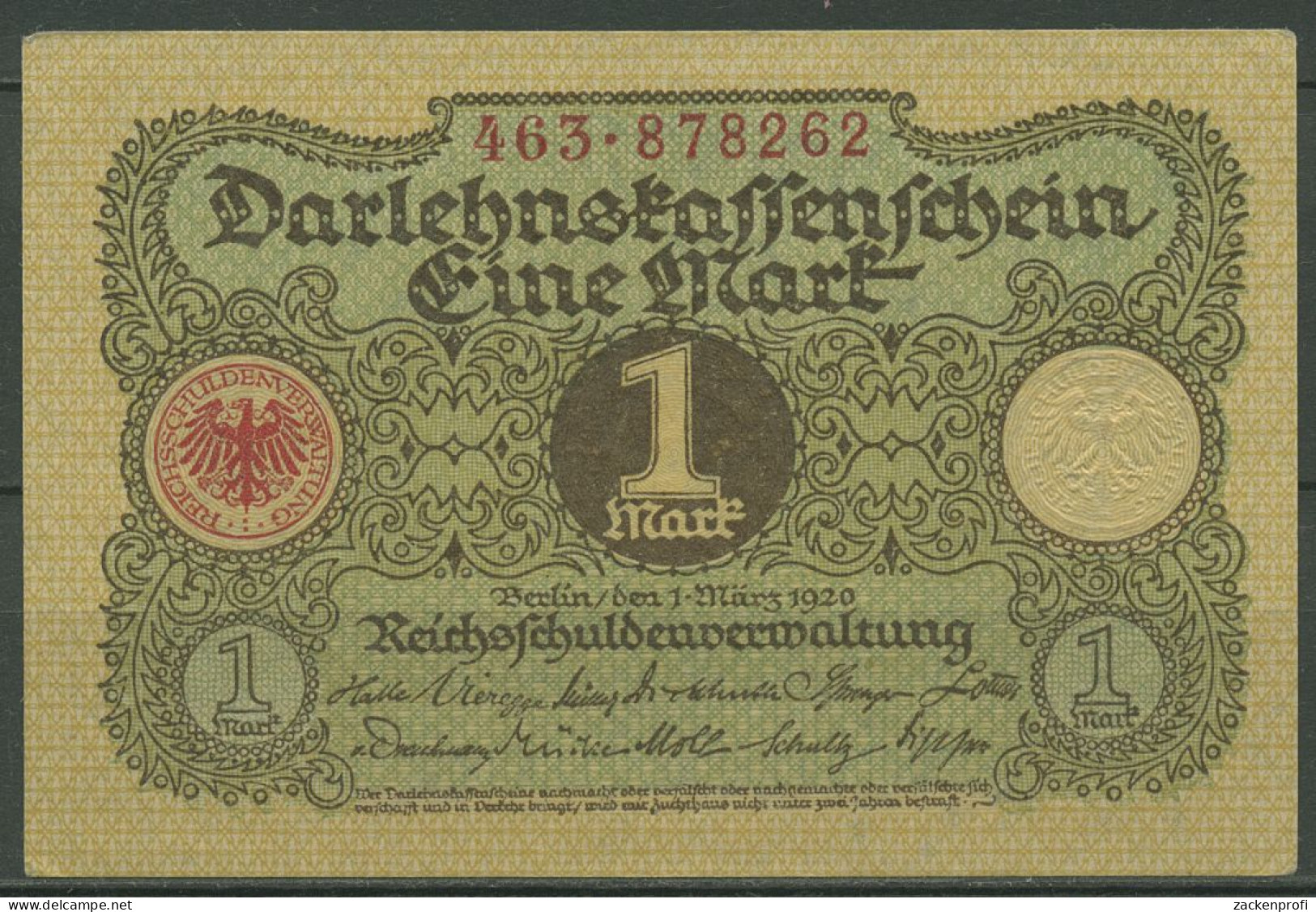 Dt. Reich 1 Mark 1920, DEU-189 Fast Kassenfrisch (K1085) - Imperial Debt Administration