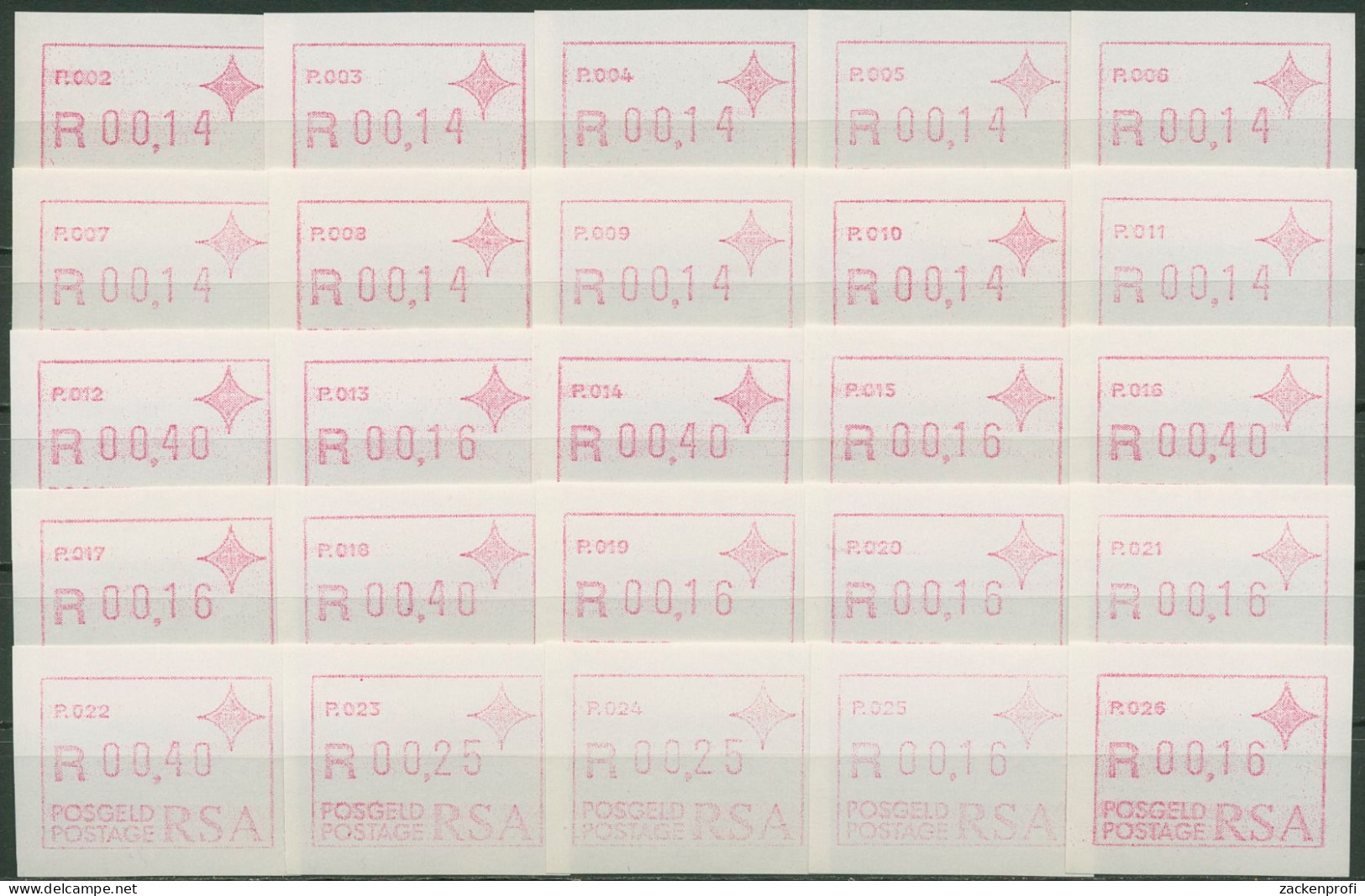 Südafrika ATM 1987 Serie Automaten-Nr. P.002-P.026 ATM 3 Serie 25 ATM Postfrisch - Frama Labels