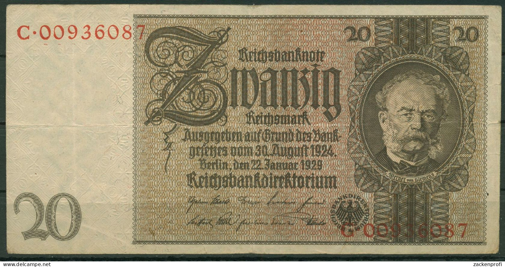 Dt. Reich 20 Reichsmark 1929, DEU-184c Serie C, Gebraucht (K1519) - 20 Mark