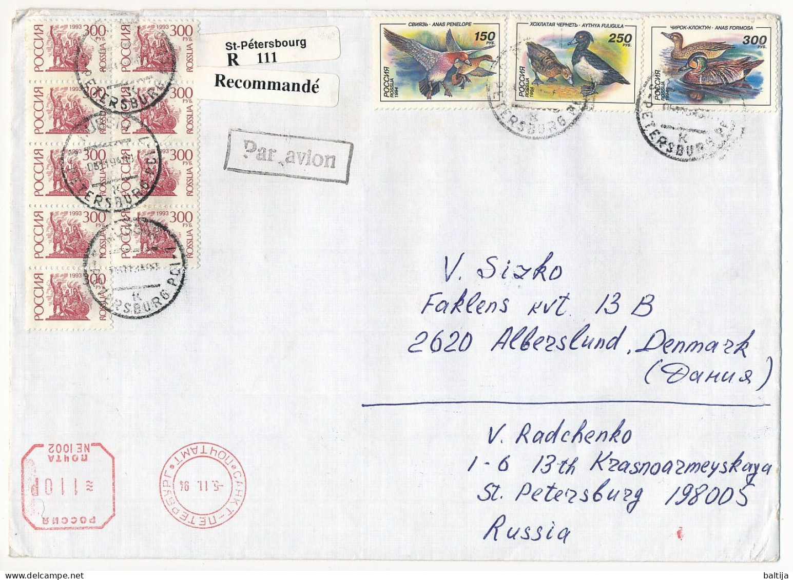 Registered Meter Cover Abroad / Neopost, Ducks - 5 November 1994 Saint Petersburg - Briefe U. Dokumente