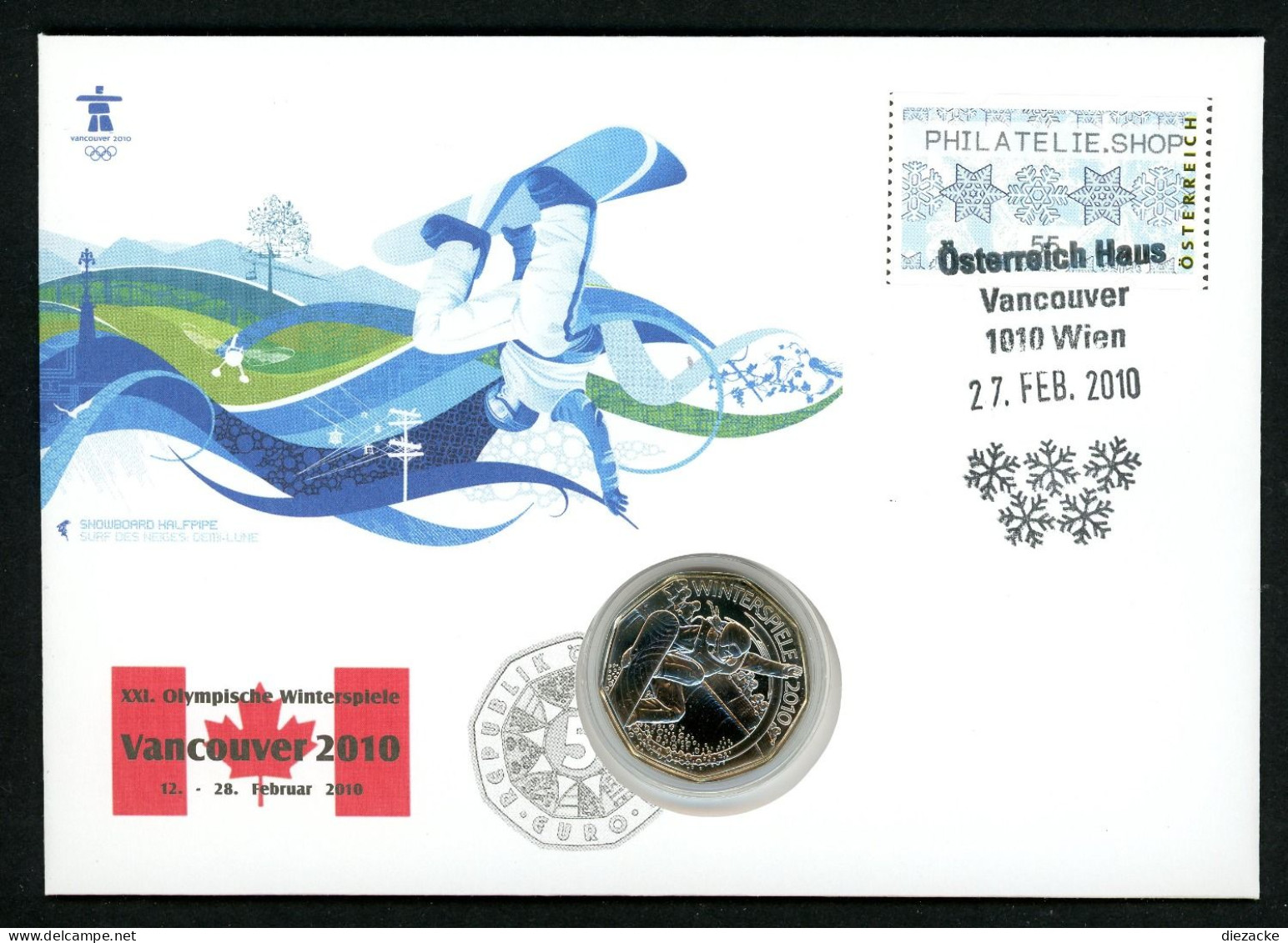 Österreich 2010 Numisbrief 5 € Olympiade 2010 Snowboard Unzirkuliert (Num127 - Oesterreich