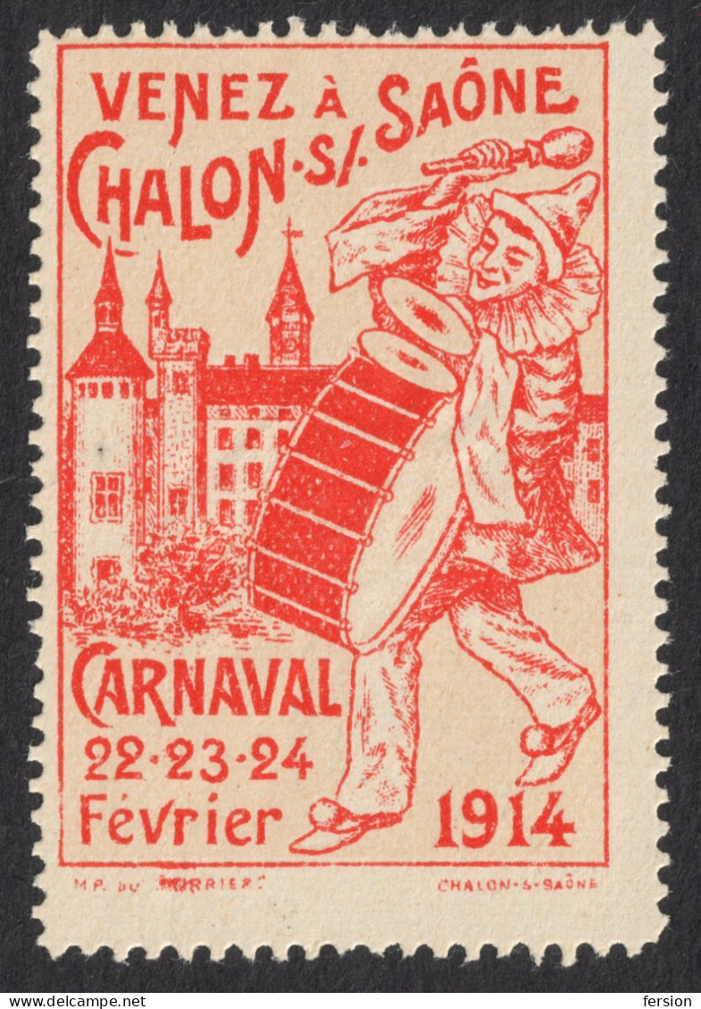 CLOWN Carrnaval Chalon-sur-Saône Carnival DRUM Music Mask LABEL CINDERELLA VIGNETTE France 1914 - Zirkus