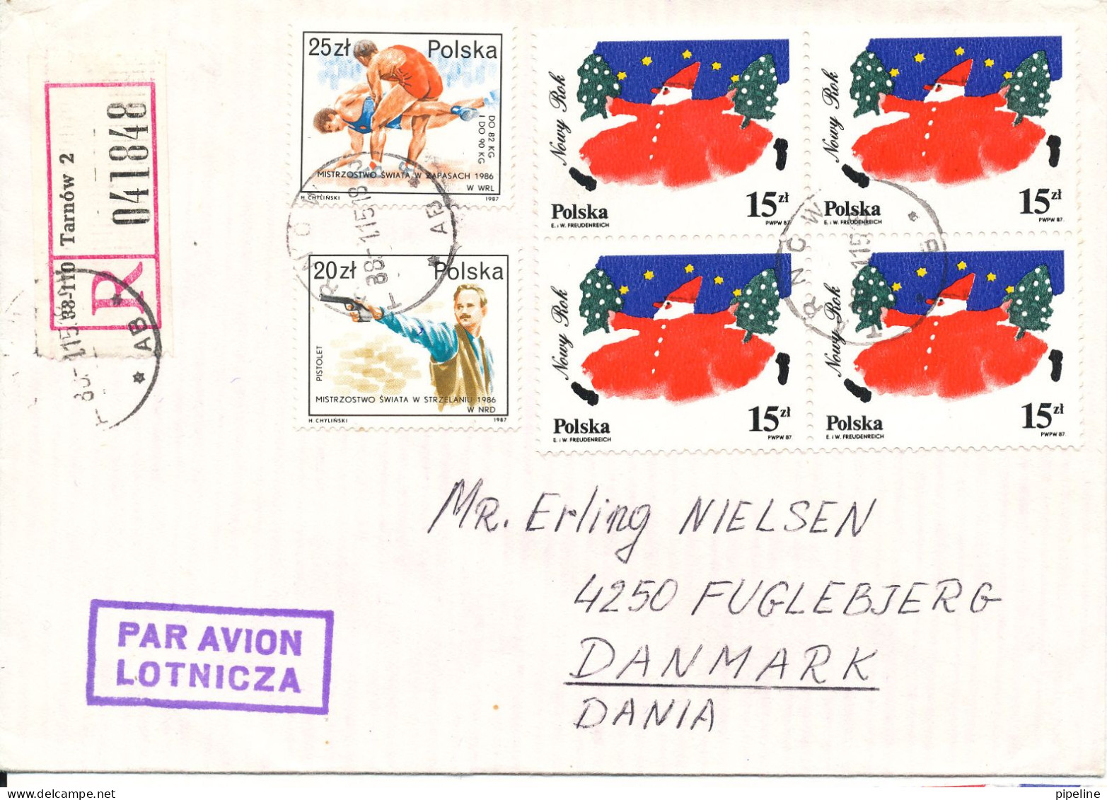 Poland Air Mail Cover Sent To Denmark 15-1-1988 Christmas Stamps In A Block Of 4 And SPORT - Briefe U. Dokumente