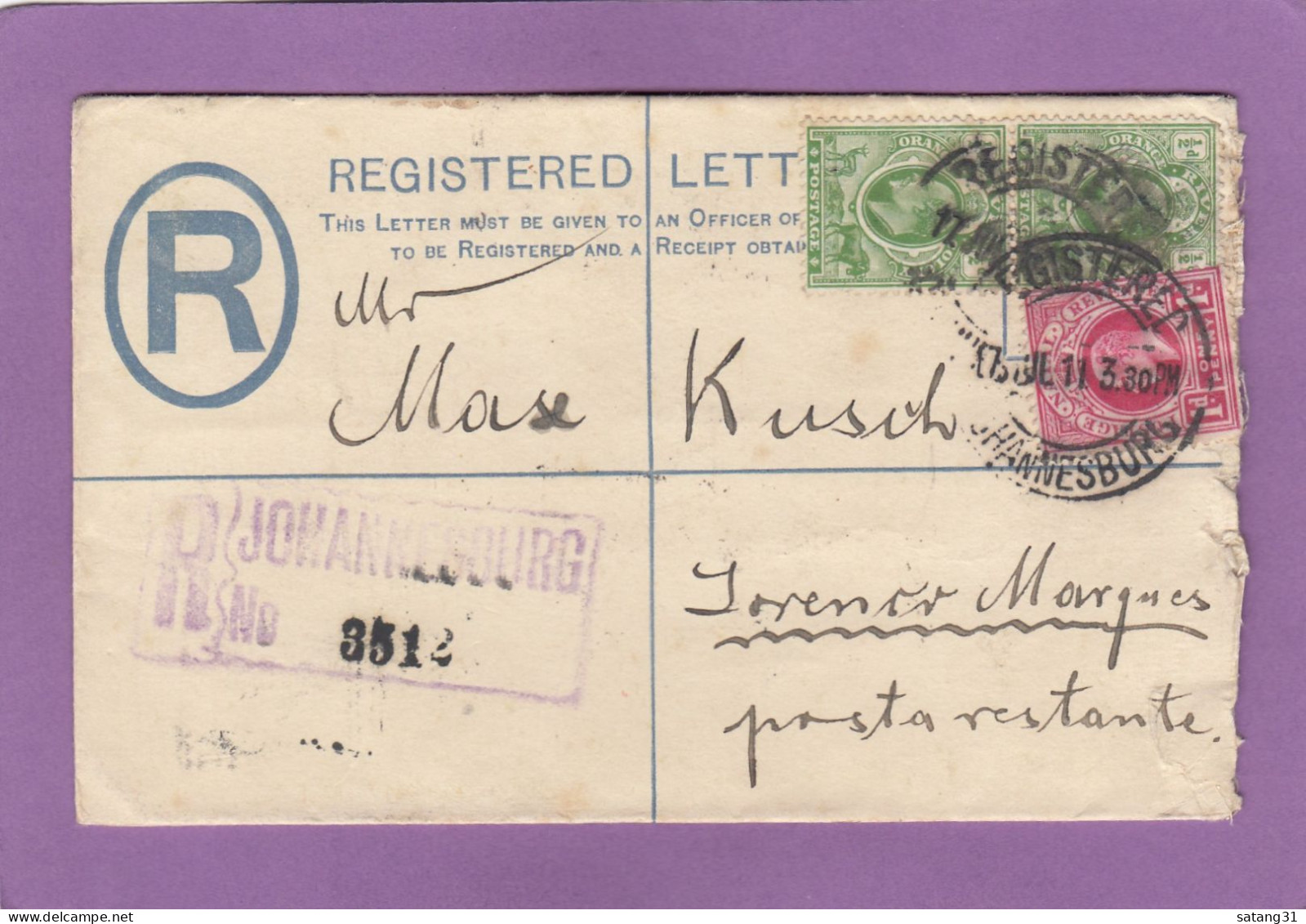 ENTIER POSTAL AVEC AFFRANCHISSEMENT COMPLEMENTAIRE,2 T. D'ORANGE ET UN T. DU NATAL DE JOHANNESBOURG POUR LOURENCO MARQUE - Kaap De Goede Hoop (1853-1904)