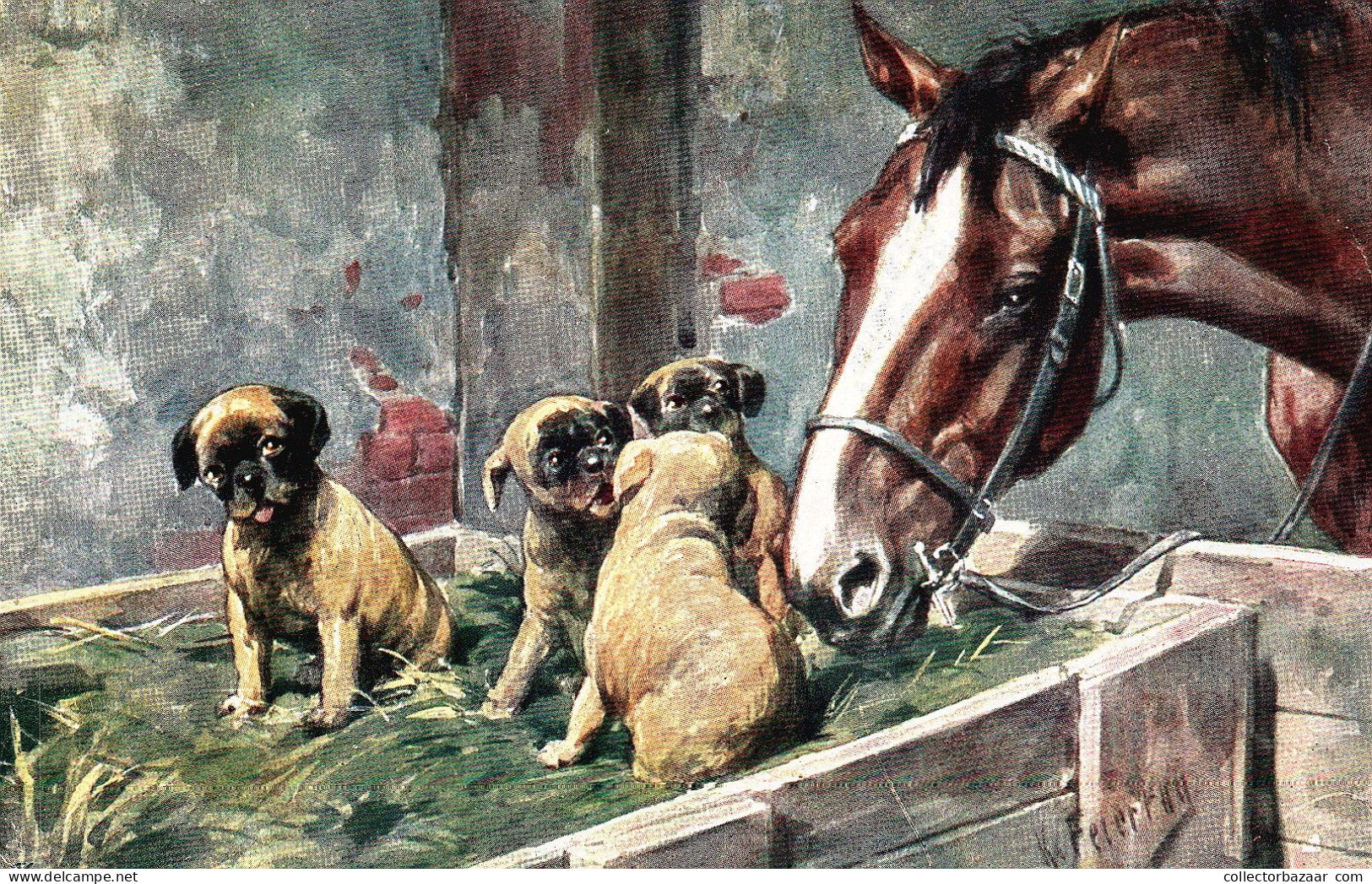Horse & Dog Puppies Edition Vintage Original Artist Signed K. FEIERTAG  Lithography Postcard B.K.W.I Edition - Feiertag, Karl