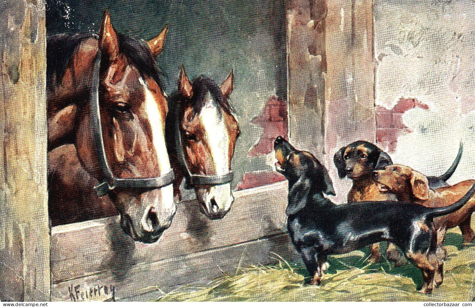 Horse & Dog Puppies Edition Vintage Original Artist Signed K. FEIERTAG  Lithography Postcard B.K.W.I Edition Dachshound - Feiertag, Karl