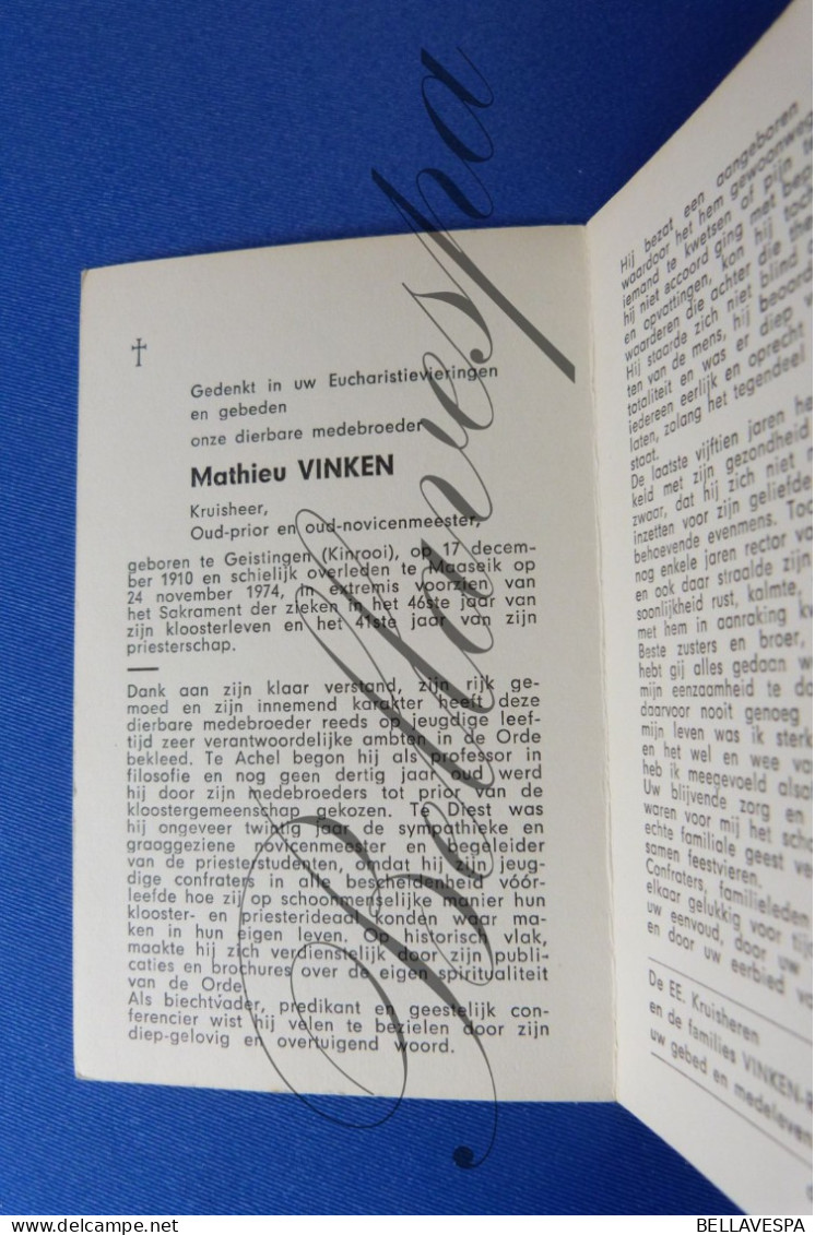 Kruisheer Oud Prior Mathieu VINKEN Oud Novicemeester Geistingen Kinrooi 1910 Prof Te Achel -  Maaseik 1974 Kruisheren - Obituary Notices