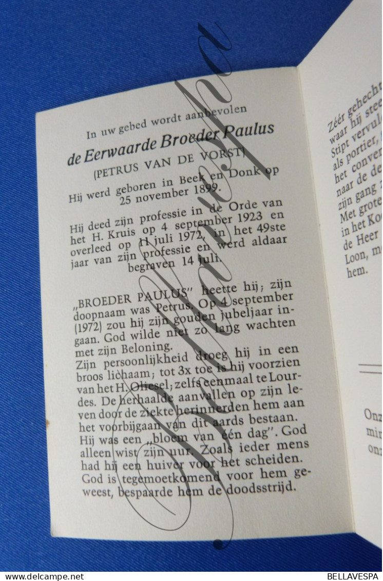 Broeder Paulus "Petrus VAN DE VORST" Beek En Donk 1899 Kruisheer Kruisheren 1972 - Todesanzeige