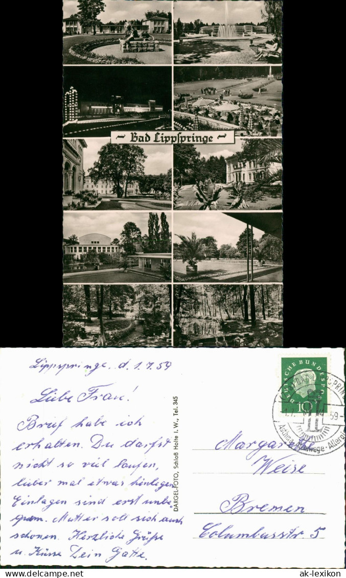 Ansichtskarte Bad Lippspringe Mehrbildkarte Mit Ortsansichten 1959 - Bad Lippspringe