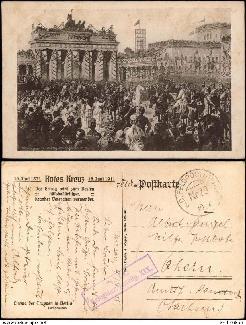 Berlin Einzug Der Truppen  Brandenburger Tor 1911  Gel. Feldpost Lazarett - Brandenburger Deur