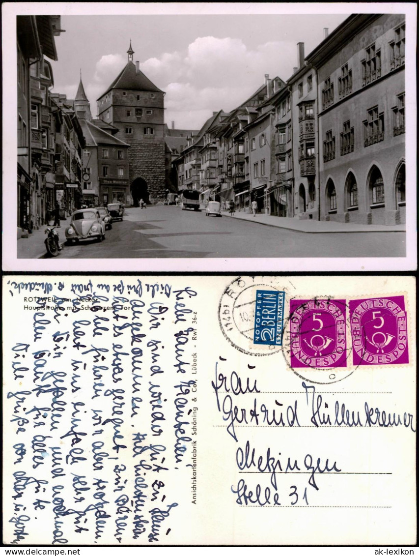 Ansichtskarte Rottweil (Neckar) Hauptstraße, VW Käfer 1952  Gel. Notopfer - Rottweil