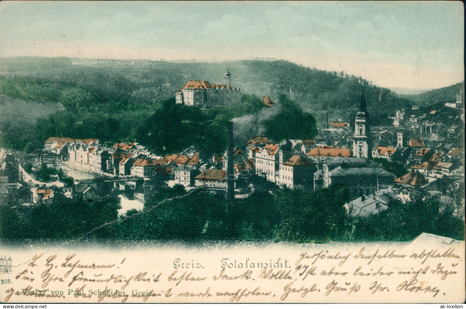 Ansichtskarte Greiz Totale, Schlot - Colorierte AK 1900 - Greiz