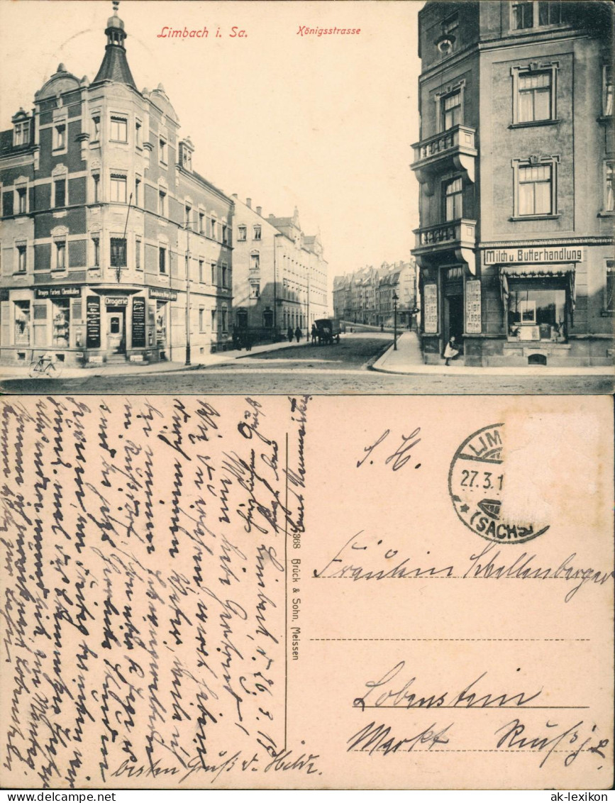 Ansichtskarte Limbach-Limbach-Oberfrohna Königsstrasse, Geschäfte 1919 - Limbach-Oberfrohna