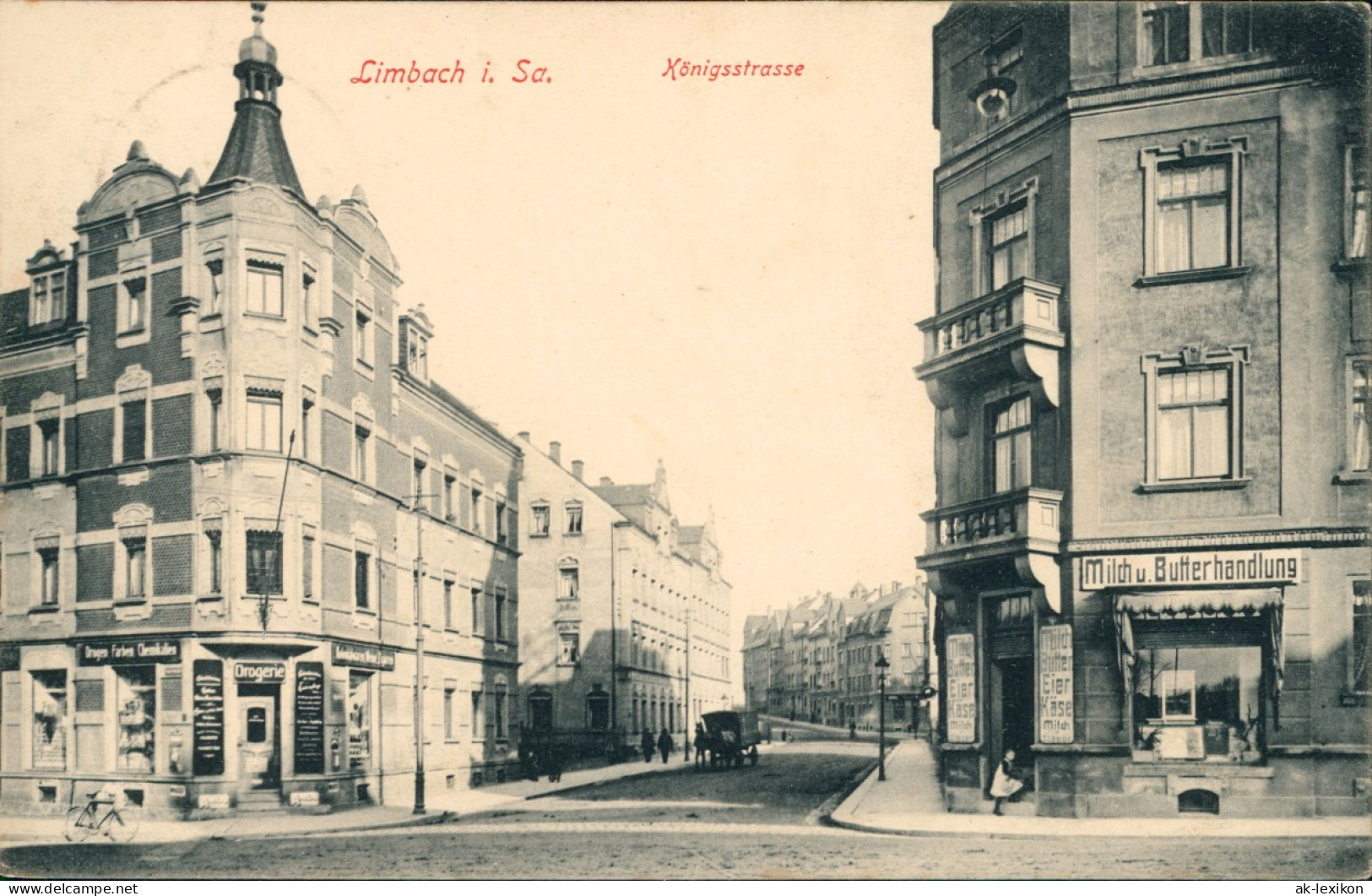 Ansichtskarte Limbach-Limbach-Oberfrohna Königsstrasse, Geschäfte 1919 - Limbach-Oberfrohna