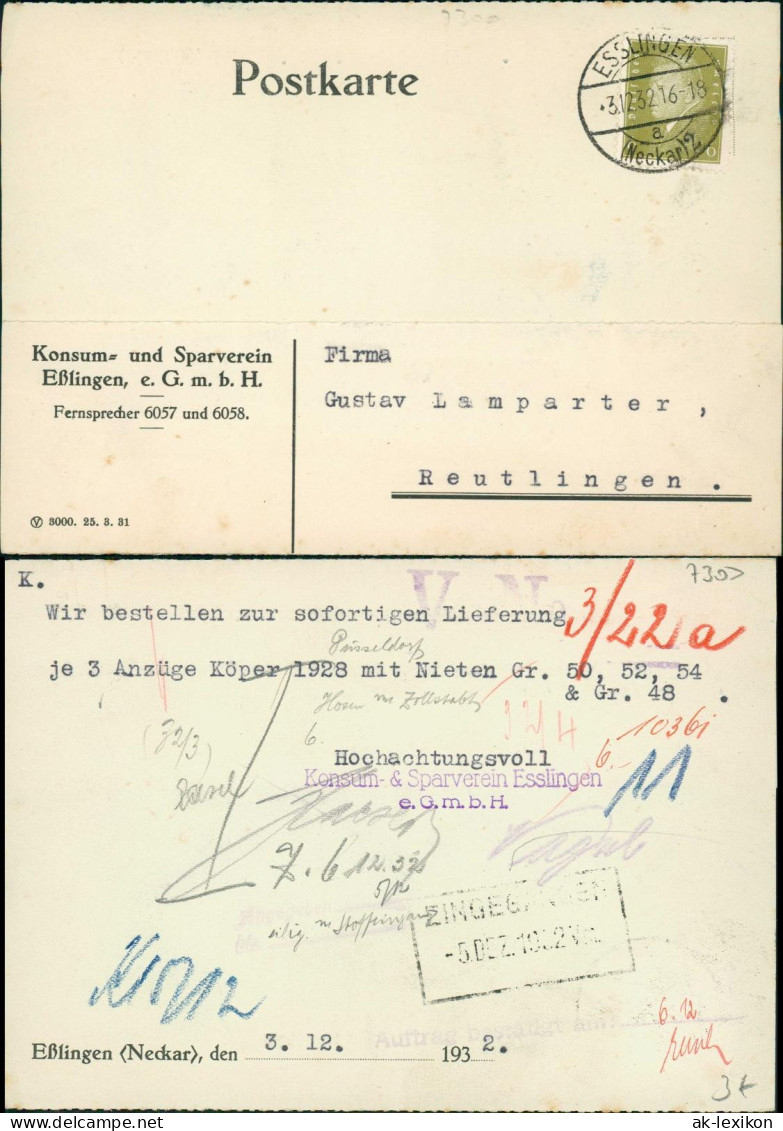 Esslingen Postkarte Mit Absender-Eindruck Vom Konsum- Und Sparverein 1932 - Esslingen