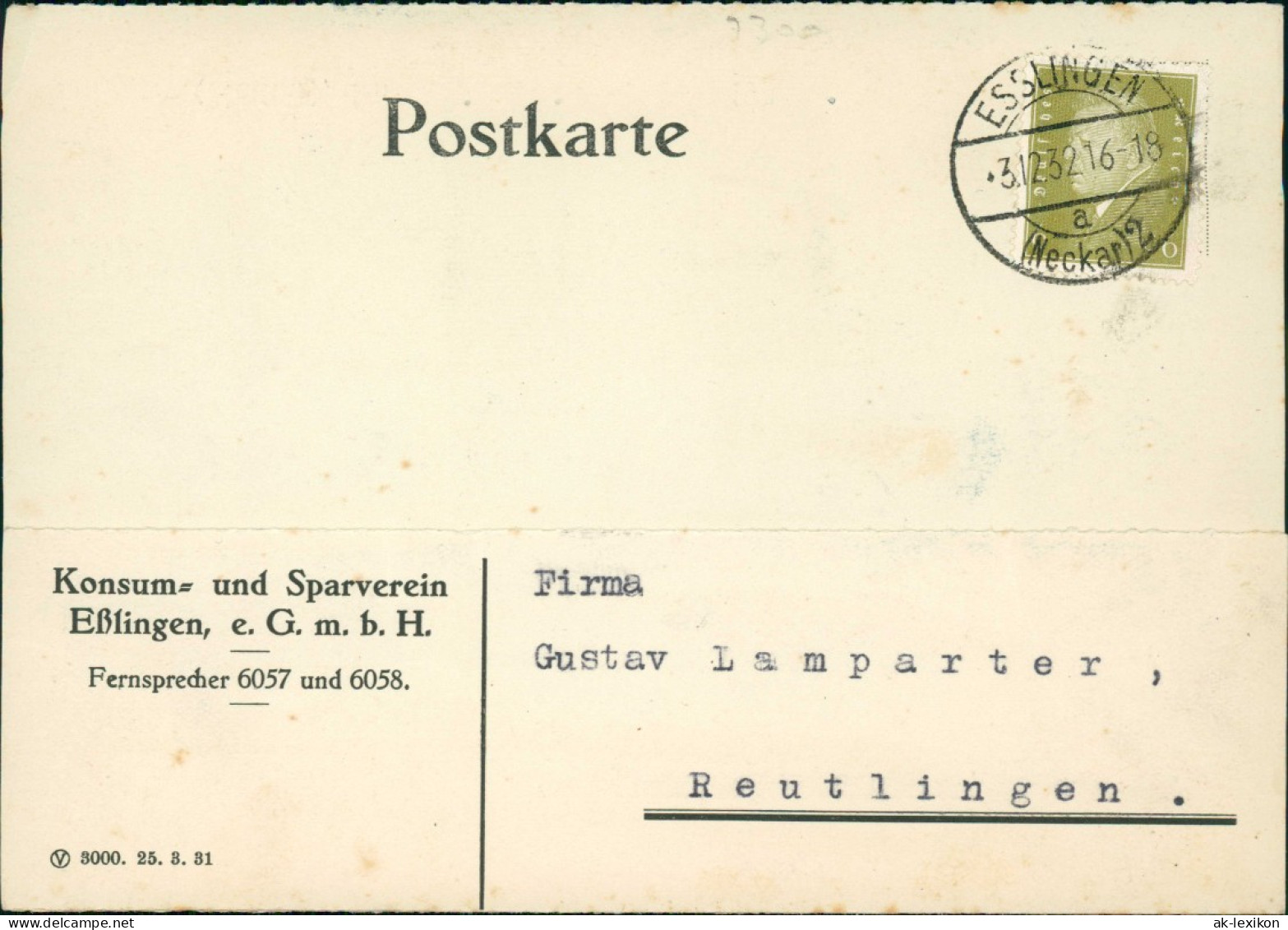 Esslingen Postkarte Mit Absender-Eindruck Vom Konsum- Und Sparverein 1932 - Esslingen