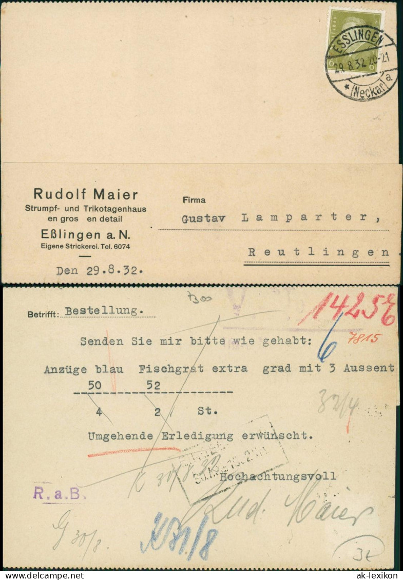 Esslingen Postkarte Strumpf- Und Trikotagenhaus Rudolf Maier 1932 - Esslingen