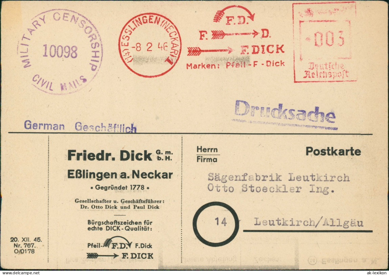 Esslingen  Postkarte Firma Dick GmbH 1946 Zensurstempel Military Censorship - Esslingen