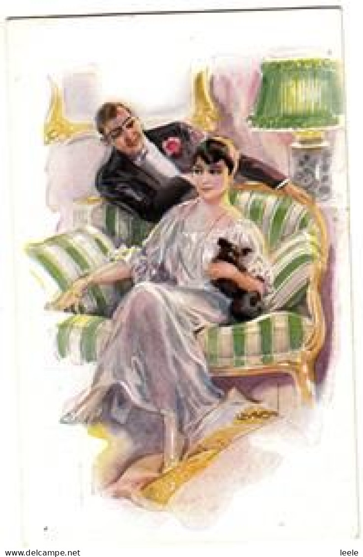 D14. Vintage Erkal Postcard By Usabal. Romantic Couple With A Dog. Evening Dress - Usabal