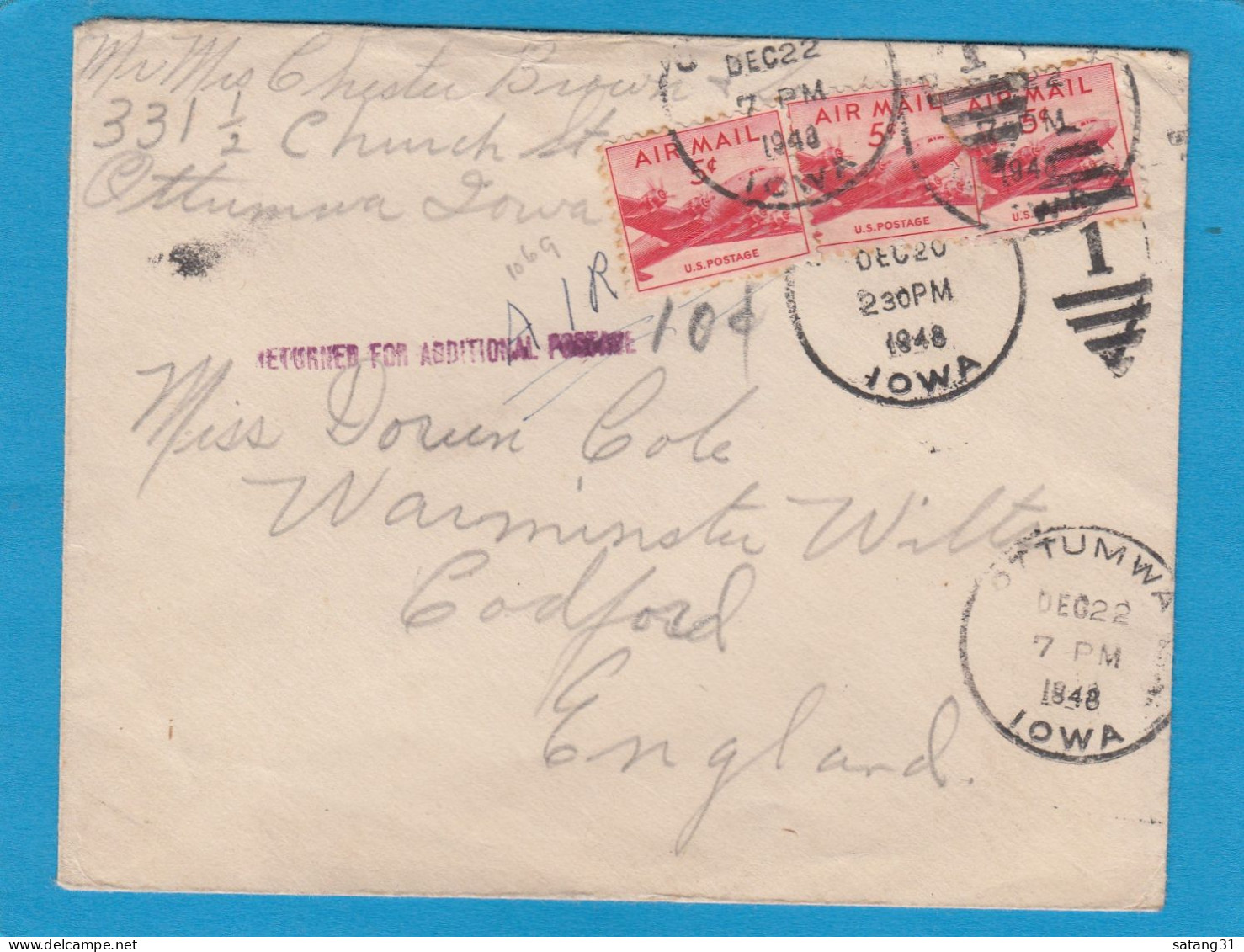 LETTRE DE OTTUMWA POUR CODFORD,GRANDE BRETAGNE,CACHET "RETURNED FOR ADDITIONAL POSTAGE (10 C.),1948. - Brieven En Documenten