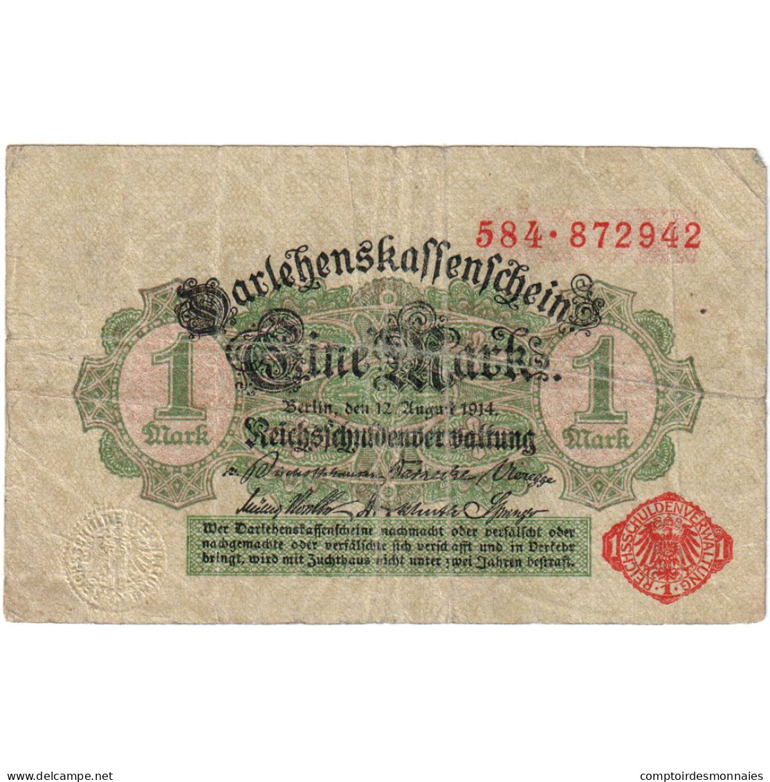 Billet, Allemagne, 1 Mark, 1914, 1914-08-12, KM:51, TB - Reichsschuldenverwaltung