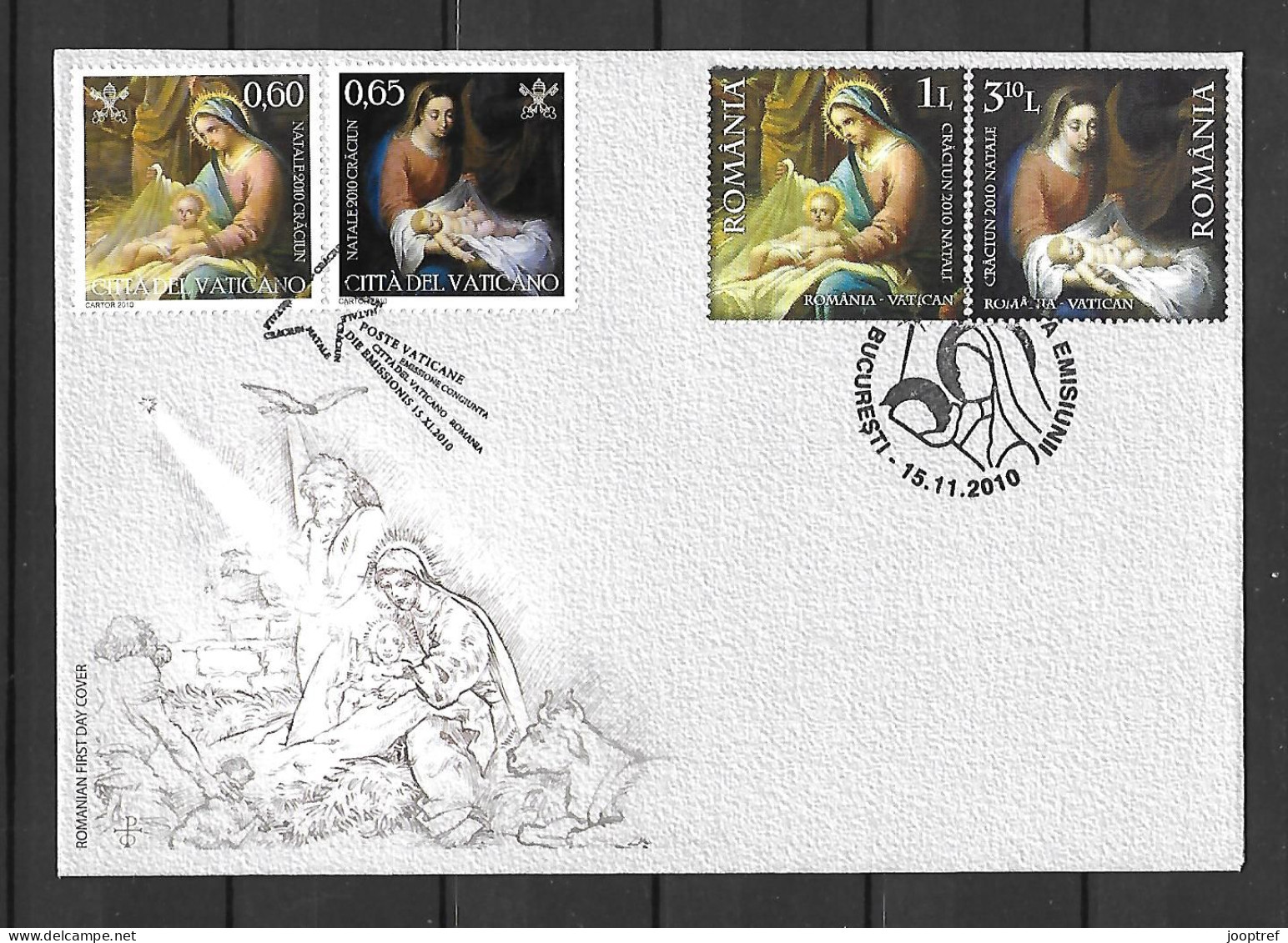 2010 Joint Romania And Vatican City, OFFICIAL MIXED FDC WITH 2+2 STAMPS: Christmas - Emissions Communes