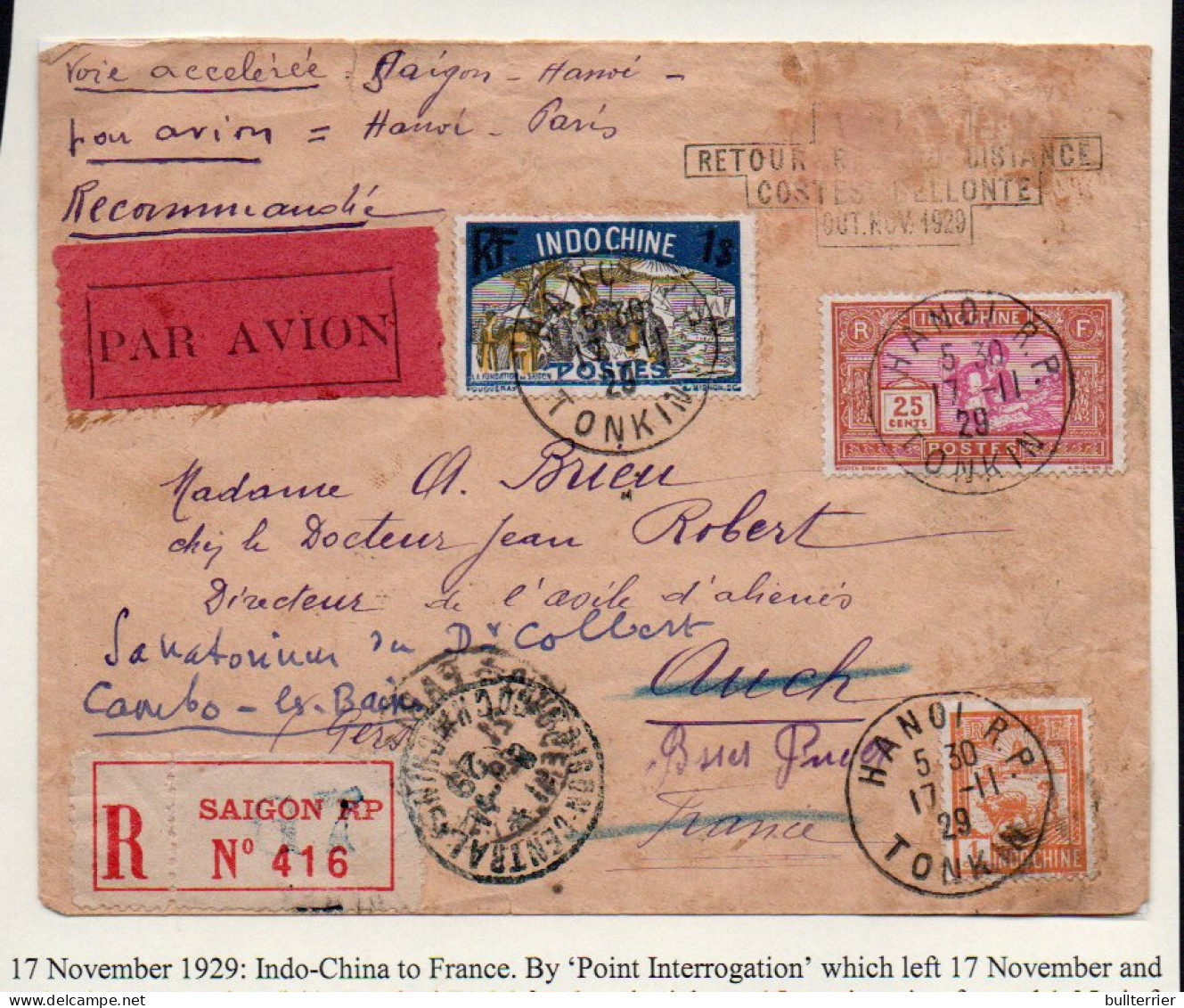 INDO CHINA  1929- REG COVER SAIGON TO FRANCE  VIA POINT INTERROGATION   WITH BACKSTAMPS,ATTRACTIVE COVER - Poste Aérienne