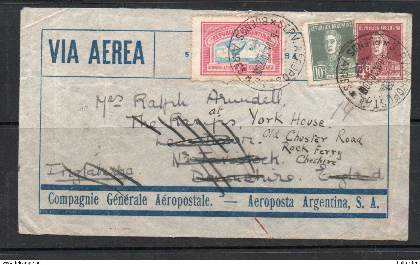 ARGENTINA - 1930 - AIRMAIL TO ENGLAND REDIRECT TO CHESHIRE  WITH BACKSTAMPS - Posta Aerea