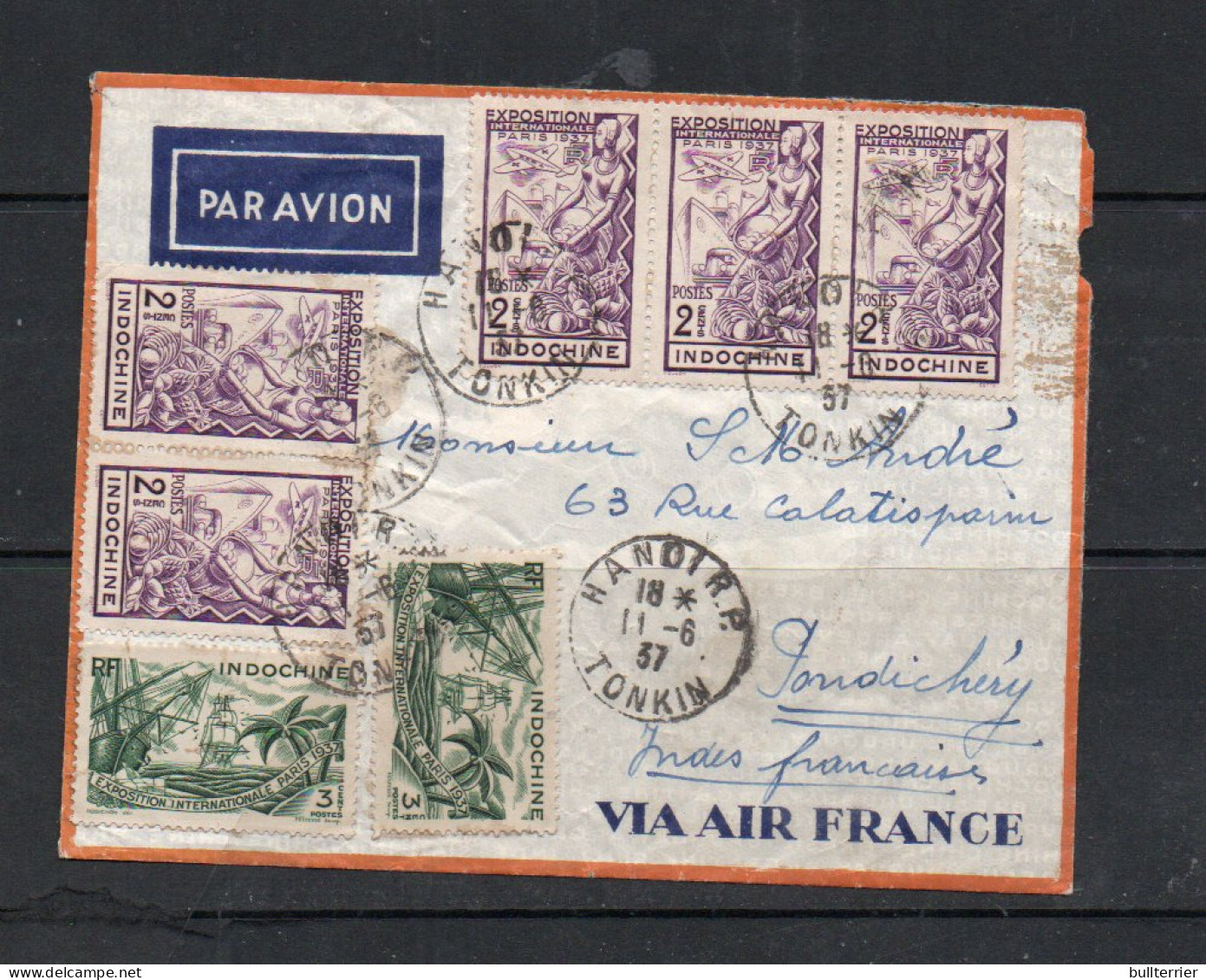 INDOCHINA - 1937 - AIRMAIL COVER HANOI TO PONDICHERRY FRENCH INDIA WITH BACKSTAMPS - Airmail