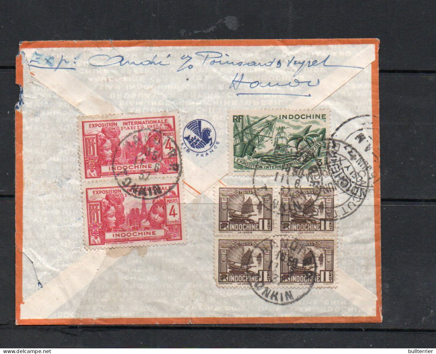 INDOCHINA - 1937 - AIRMAIL COVER HANOI TO PONDICHERRY FRENCH INDIA WITH BACKSTAMPS - Poste Aérienne
