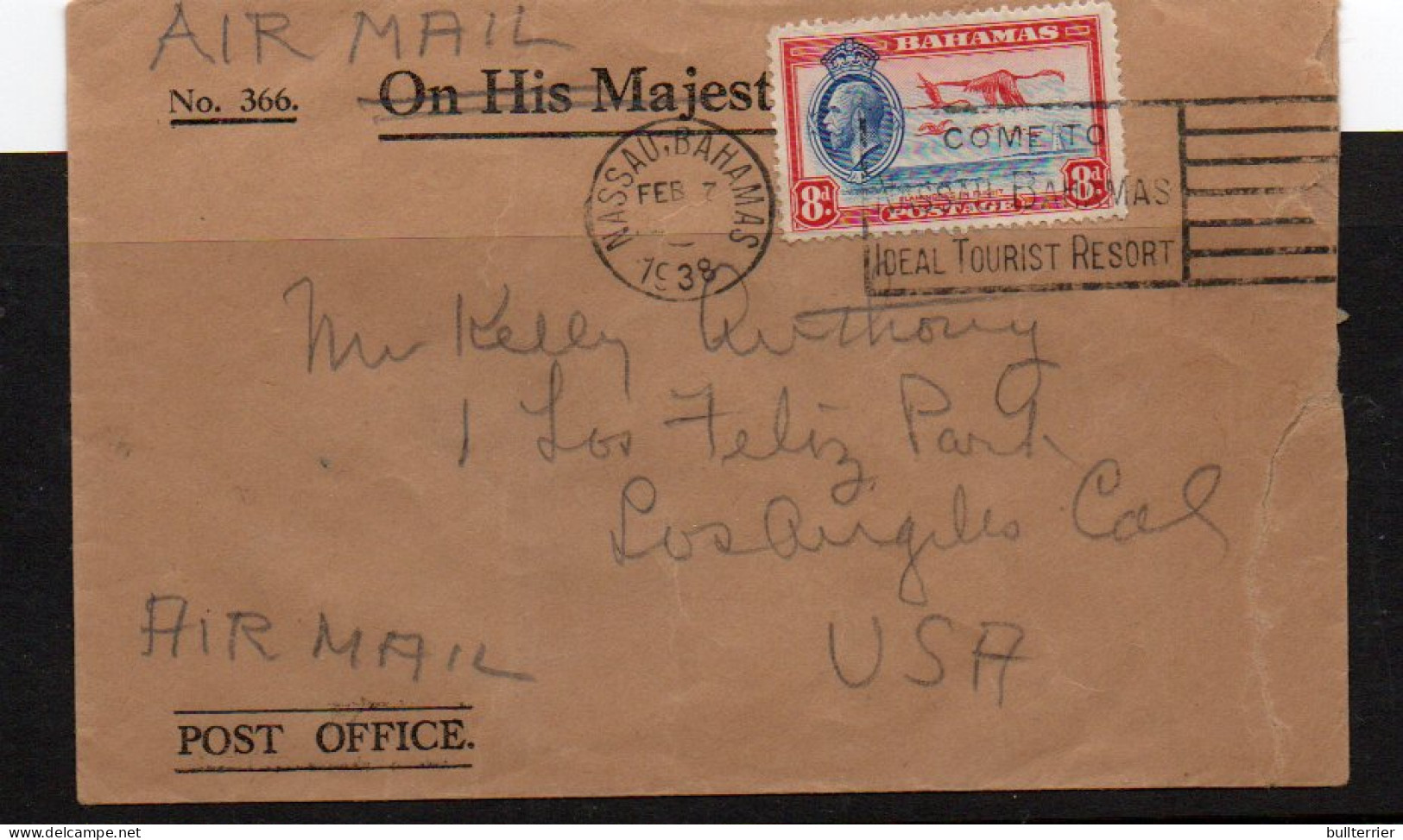 BAHAMAS - 1938 - AIRMAIL COVER TO LOS ANGLES FRANKED 8D FLAMINGO  - 1859-1963 Colonie Britannique