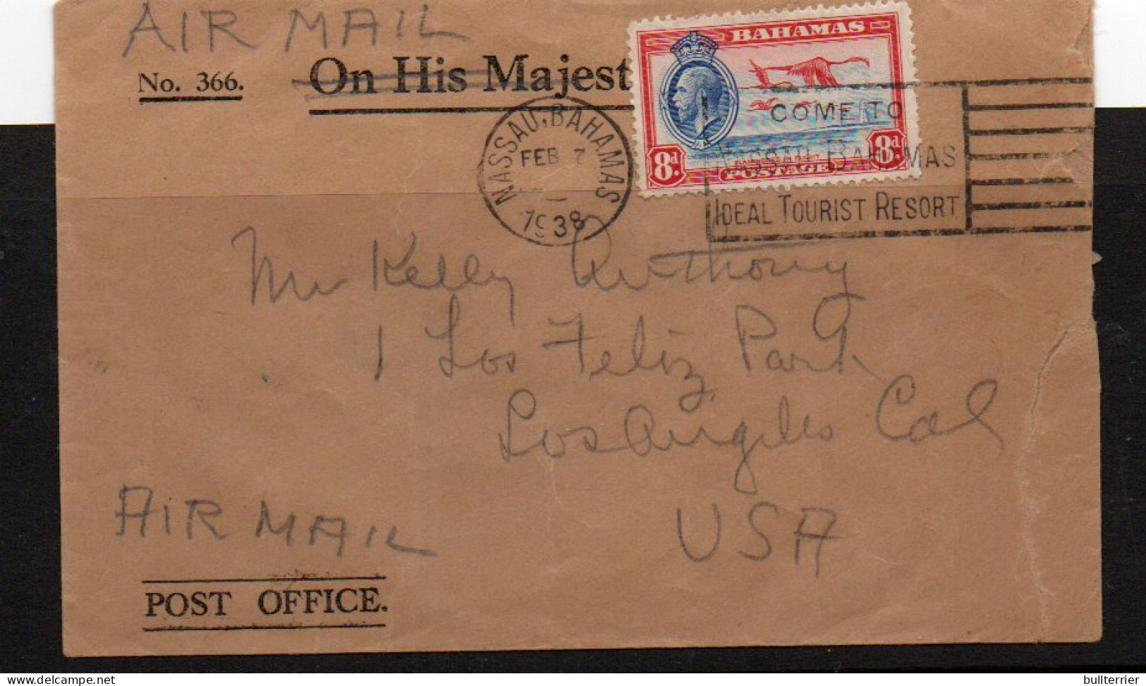 BAHAMAS - 1938 - AIRMAIL COVER TO LOS ANGLES FRANKED 8D FLAMINGO  - 1859-1963 Kolonie Van De Kroon