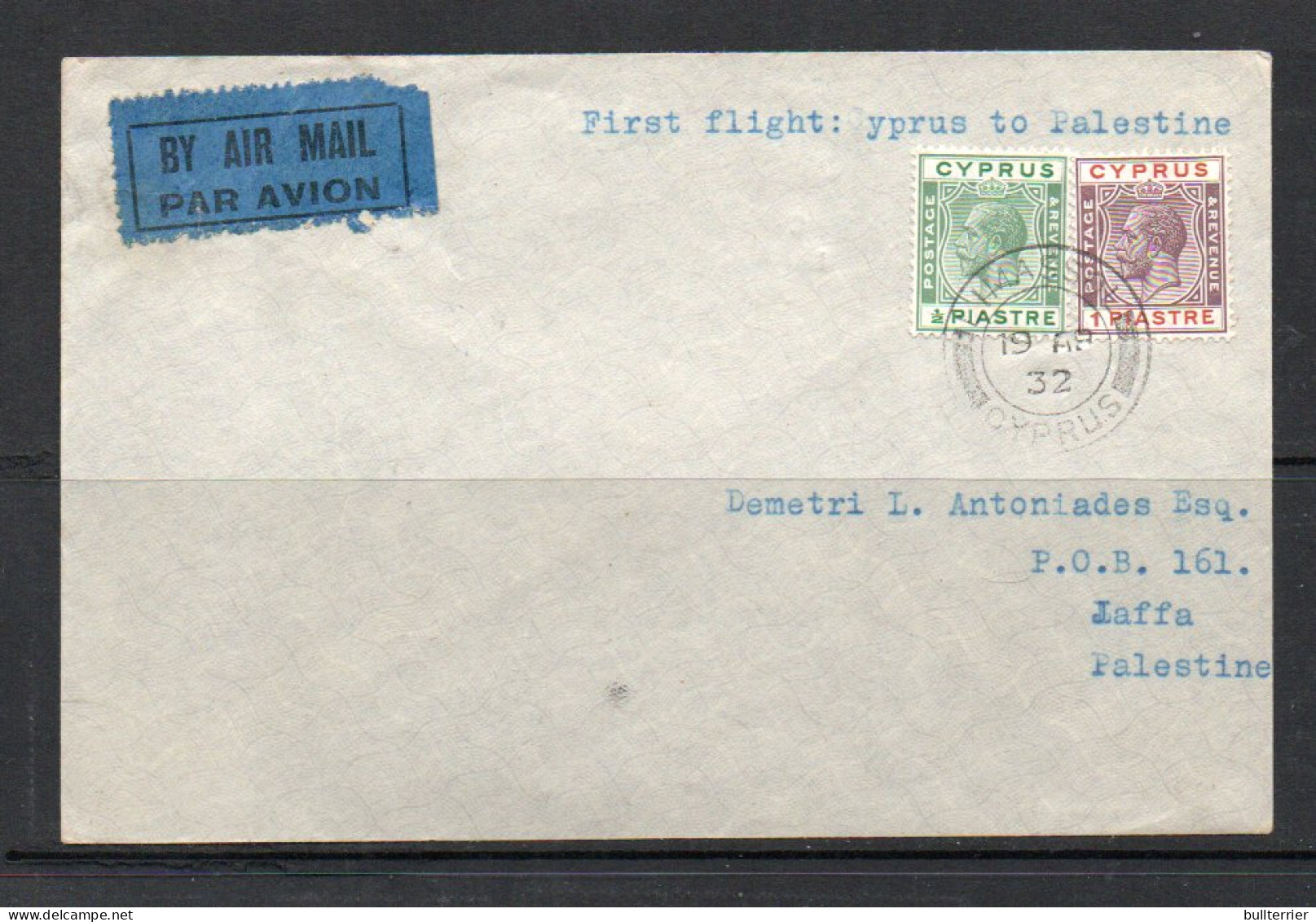 CYPRUS   1932 - FIRST FLIGHT COVER TO JAFFA  PALESTINE WITH BACKSTAMP - Chipre (...-1960)