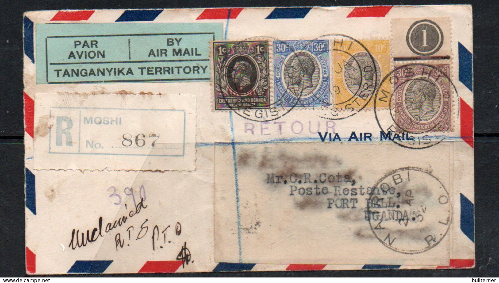 EAST AFRICA - 1932- REGISTERED AIRMAIL TO PORT BELL ATTRACTIVE FRANKING WITH BACKSTAMPS - Protectorats D'Afrique Orientale Et D'Ouganda