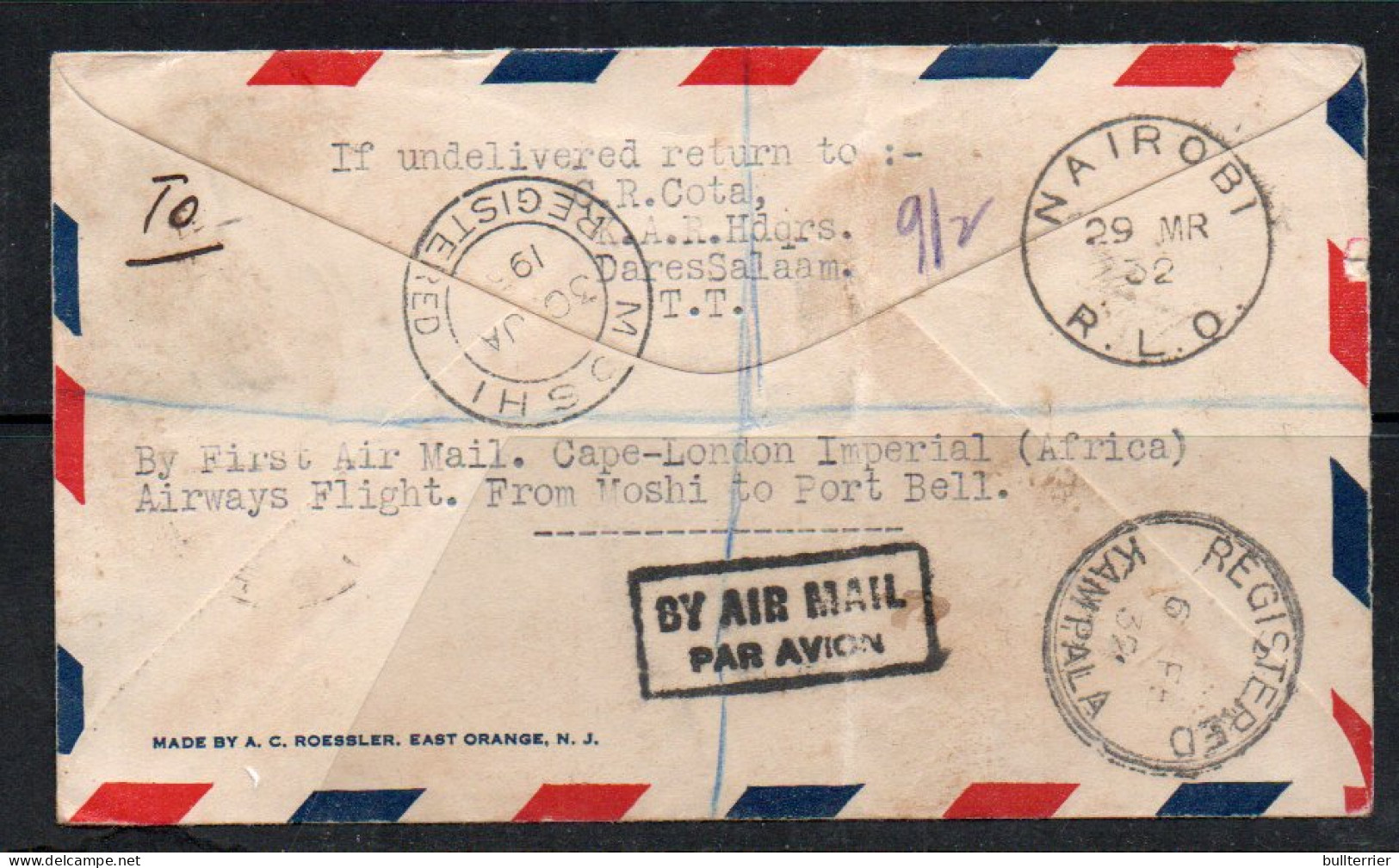 EAST AFRICA - 1932- REGISTERED AIRMAIL TO PORT BELL ATTRACTIVE FRANKING WITH BACKSTAMPS - Protectorats D'Afrique Orientale Et D'Ouganda