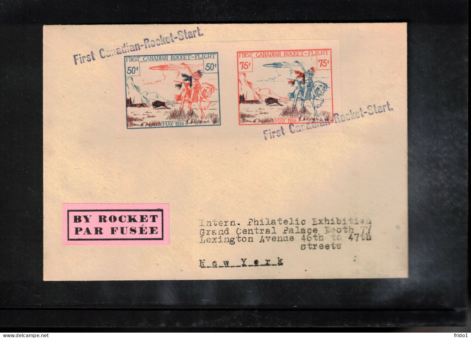 USA 1936 Rocket Mail - International Philatelic Exhibition New York - First Canadian Rocket Start - Storia Postale