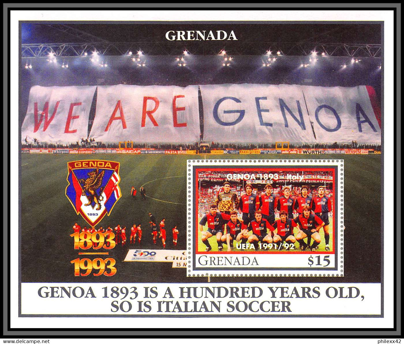 81228 Grenada Grenade Y&t N°332/333 Genoa 1893/1993 Nine Time Champion Calcio Italia TB Neuf ** MNH Football Soccer - Grenada (1974-...)