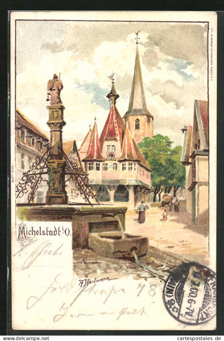 Künstler-AK Michelstadt, Brunnen Im Ortskern  - Michelstadt