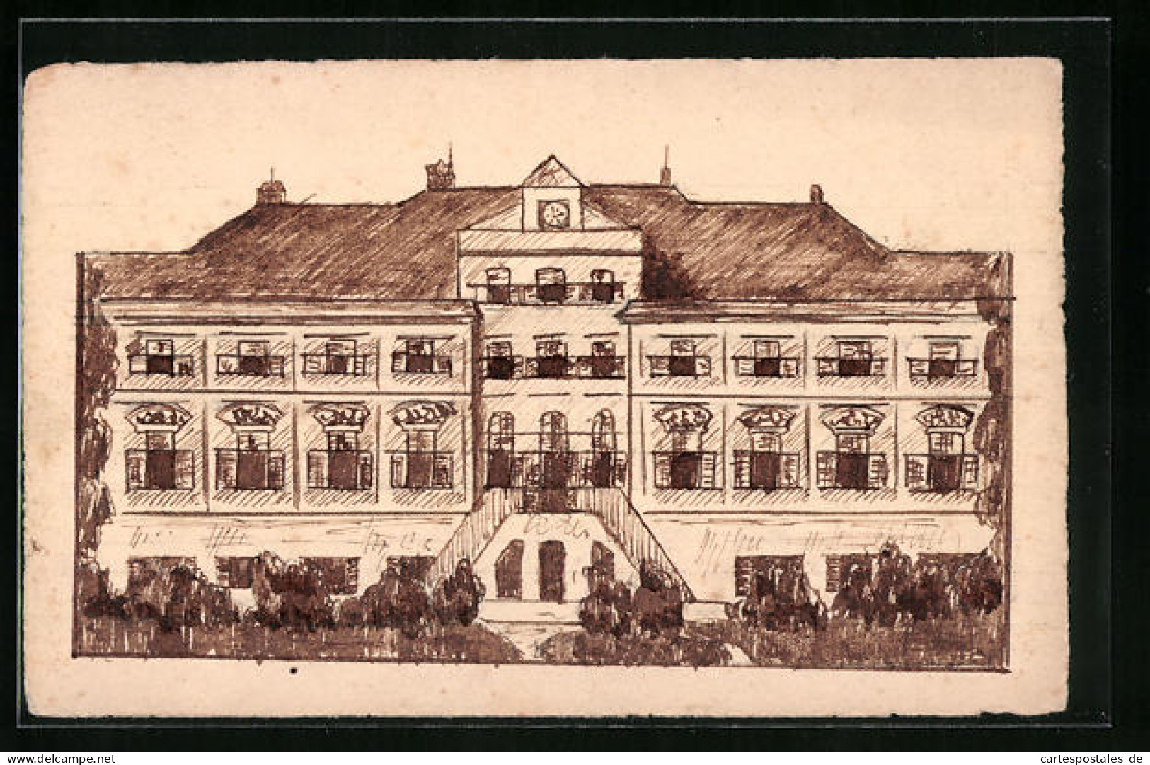 Handzeichnung Grosses Gebäude Mit Treppenaufgang  - Dibujos