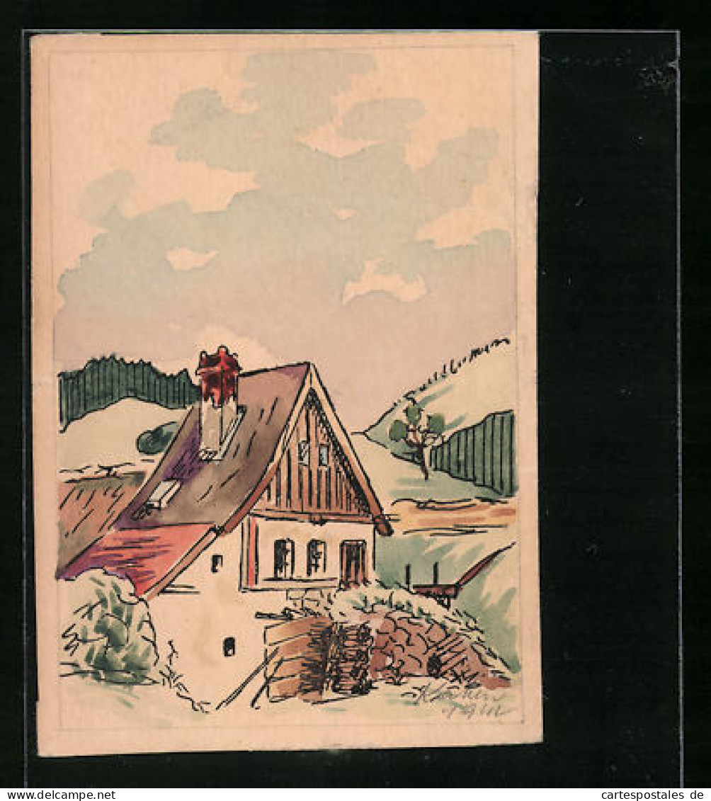 Handzeichnung Bauernhaus Gegen Hügellandschaft  - Drawings