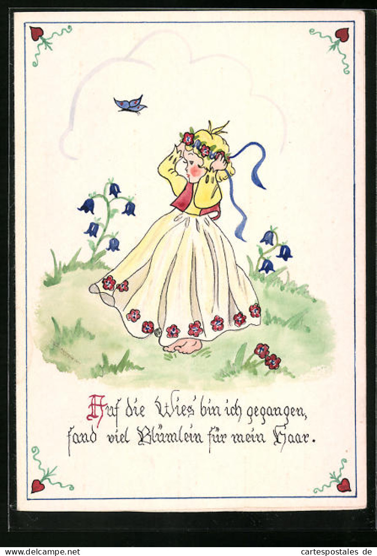 Klapp-Handzeichnung Blumenmädchen Auf Wiese, Datiert: 1947  - Disegni