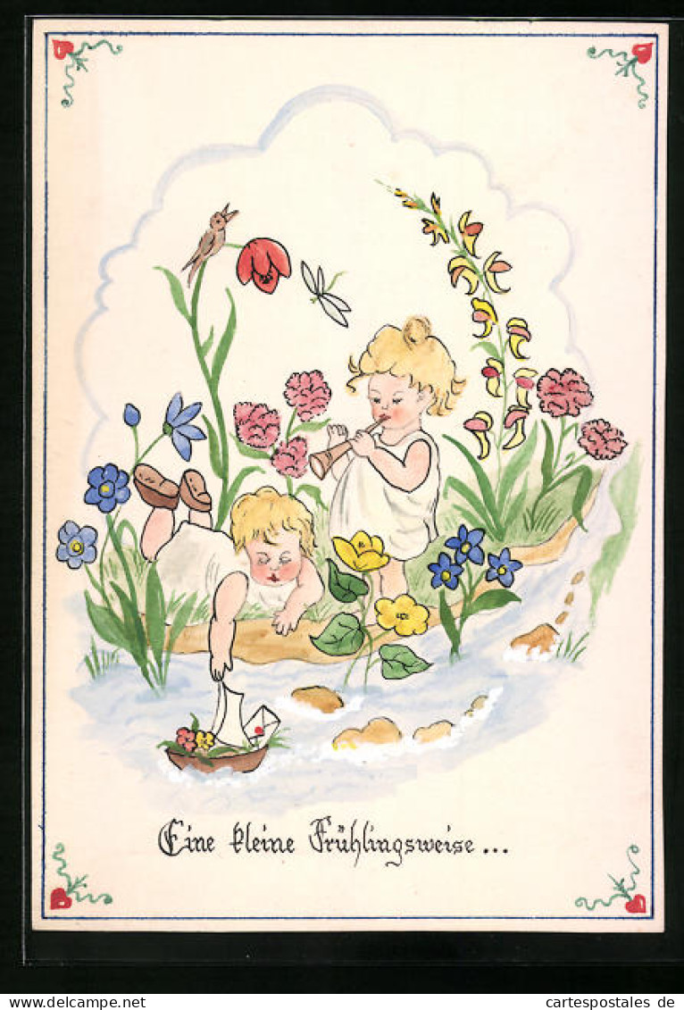 Handzeichnung Kinder Am Bach Im Frühling  - Dessins