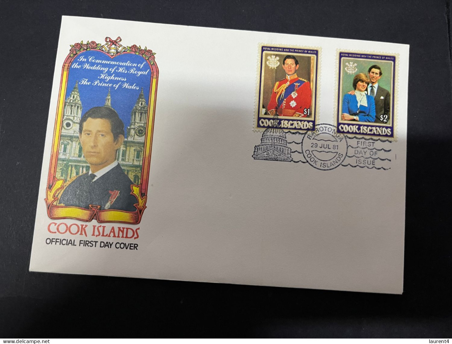 11-4-2024 (1 Z 39) 2 FDC - Cook Islands - Prince Charles (now King Charles) & Lady Diana Spencer Royal Wedding - Case Reali