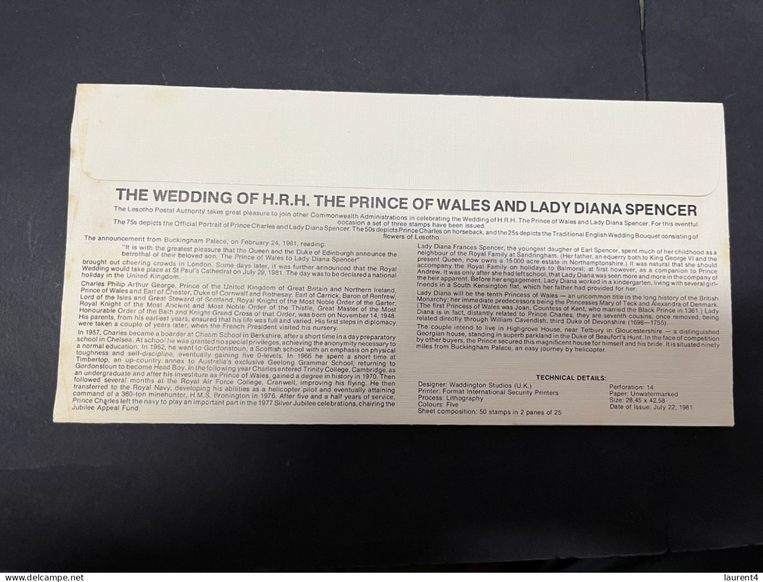 11-4-2024 (1 Z 39) 1 FDC - Lesotho - Prince Charles (now King Charles) & Lady Diana Spencer Royal Wedding - Case Reali