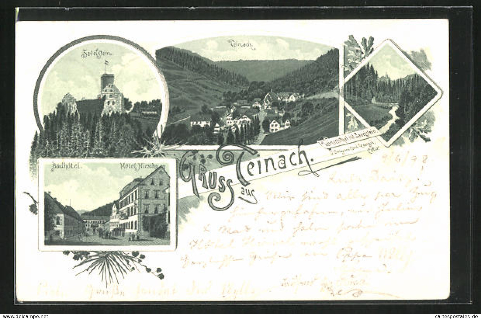 Lithographie Teinach, Zavelstein, Badhotel, Hotel Hirsch, Totalansicht  - Bad Teinach