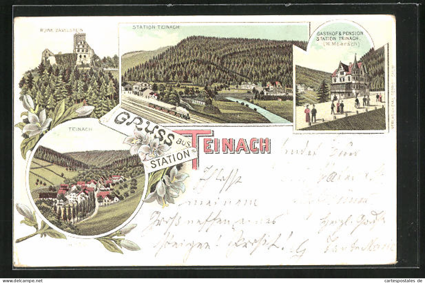 Lithographie Teinach, Gasthof Und Pension Station Teinach, Bahnhof, Ruine Zavelstein  - Bad Teinach